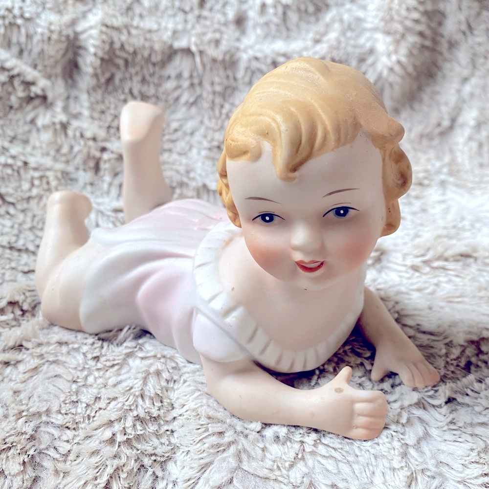 Vintage Bisque Porcelain Piano Baby Girl Hand-Painted Statue Figurine